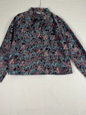 Chico's 90s Silk Blend Paisley Metallic Blouse Jacket Size 2 Black